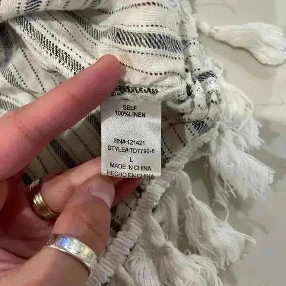 Ellison Linen Blue/White Dress Tassel Fringe Trim Women's Large Pockets Zipper - Picture 5 of 6